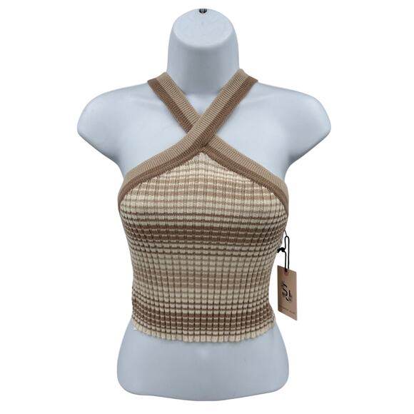 Sincerely Jules Halter Knit Crop Top WMNS M Beige Tan Brown Ribbed Check Pattern - Picture 1 of 7